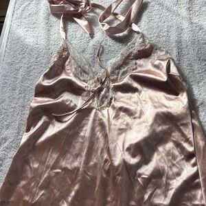Forever 21 Blush Pink Satin Halter Nightdress with Cream Lace